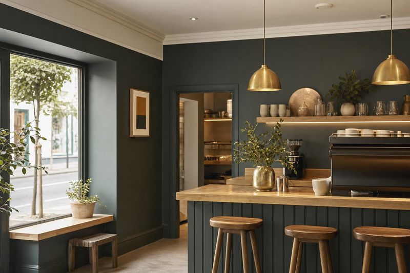 Small cafe interior with deep charcoal-green walls, chalk white ceiling and a timber counter