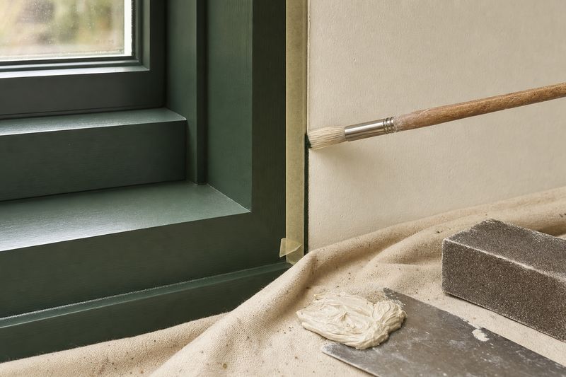 Close-up of a brush cutting a crisp line between an off-white wall and a deep green painted window frame
