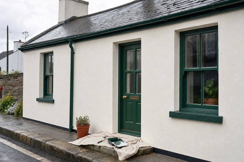 Rendered Irish cottage exterior painted off-white with freshly painted deep green door, windows and downpipe