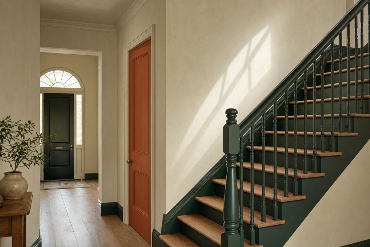 Hallway and staircase painted in chalk off-white with deep green stair detail and a terracotta interior door