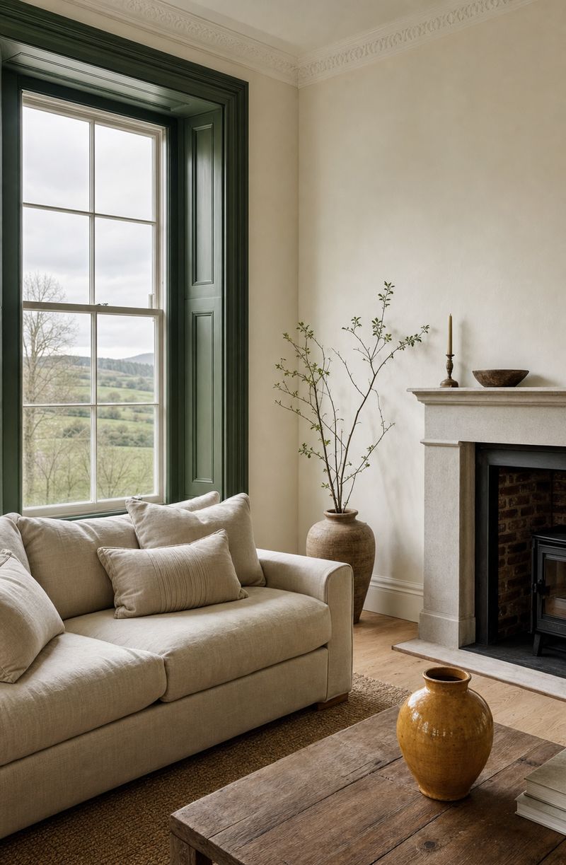 Living room with matte off-white walls, deep green painted window reveal and a stone fireplace